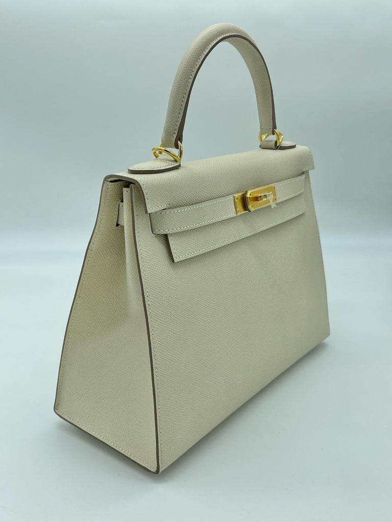 Hermes Personal Kelly bag 28 Retourne Craie/ Etoupe grey Togo leather Matt  gold hardware