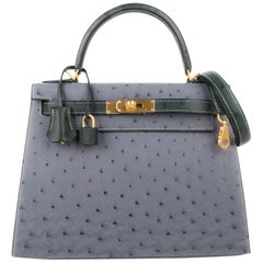 Hermes Kelly Sellier 28 HSS Sac Gris Agate / Vert Titien Ostrich Gold Hardware