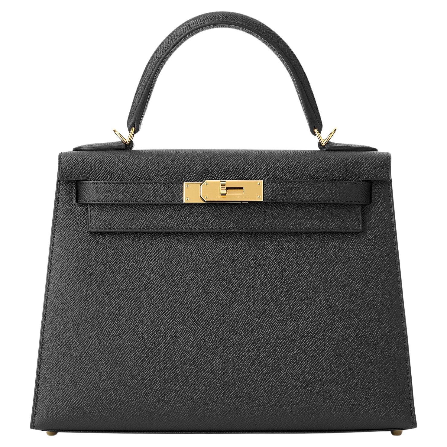 Hermès Kelly Sellier 28 Negro Herrajes de oro de Epsom