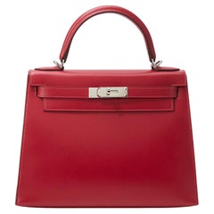 Hermès Kelly Sellier 28 Rouge Vif Tadelakt Palladium Hardware