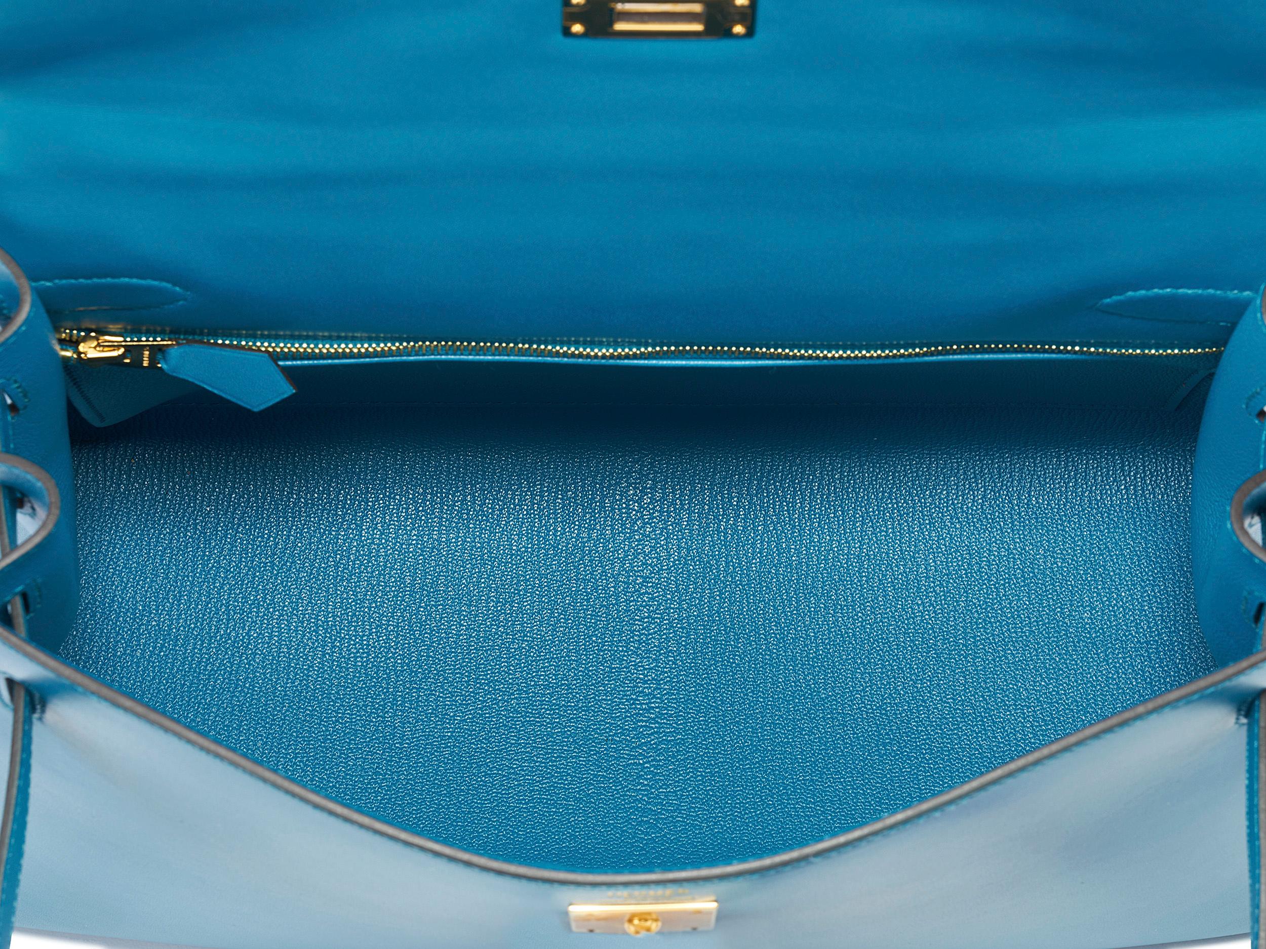 Hermès Kelly Sellier 32 Bleu Izmir Tadelakt Gold Hardware en vente 4