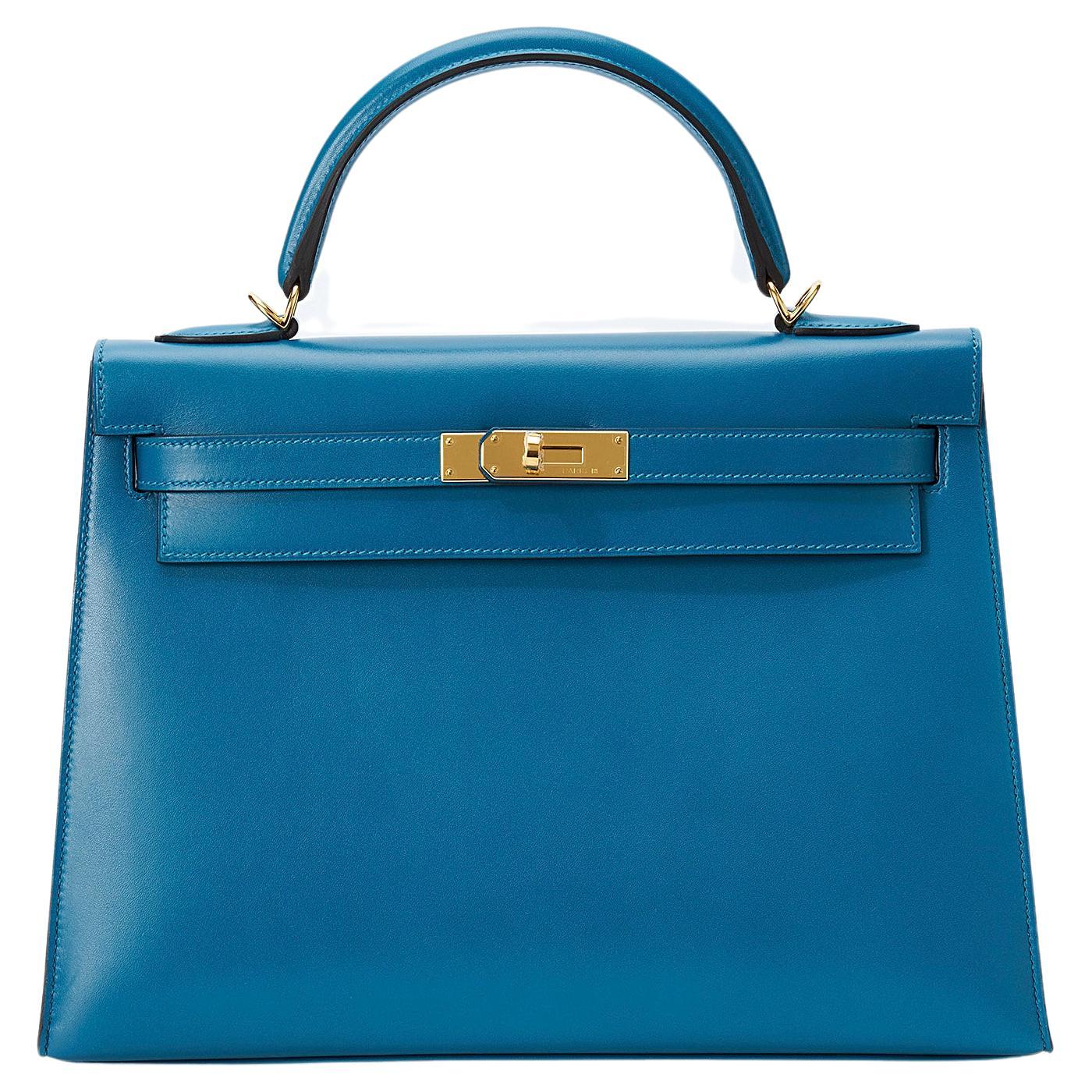 Hermès Kelly Sellier 32 Bleu Izmir Tadelakt Gold Hardware en vente