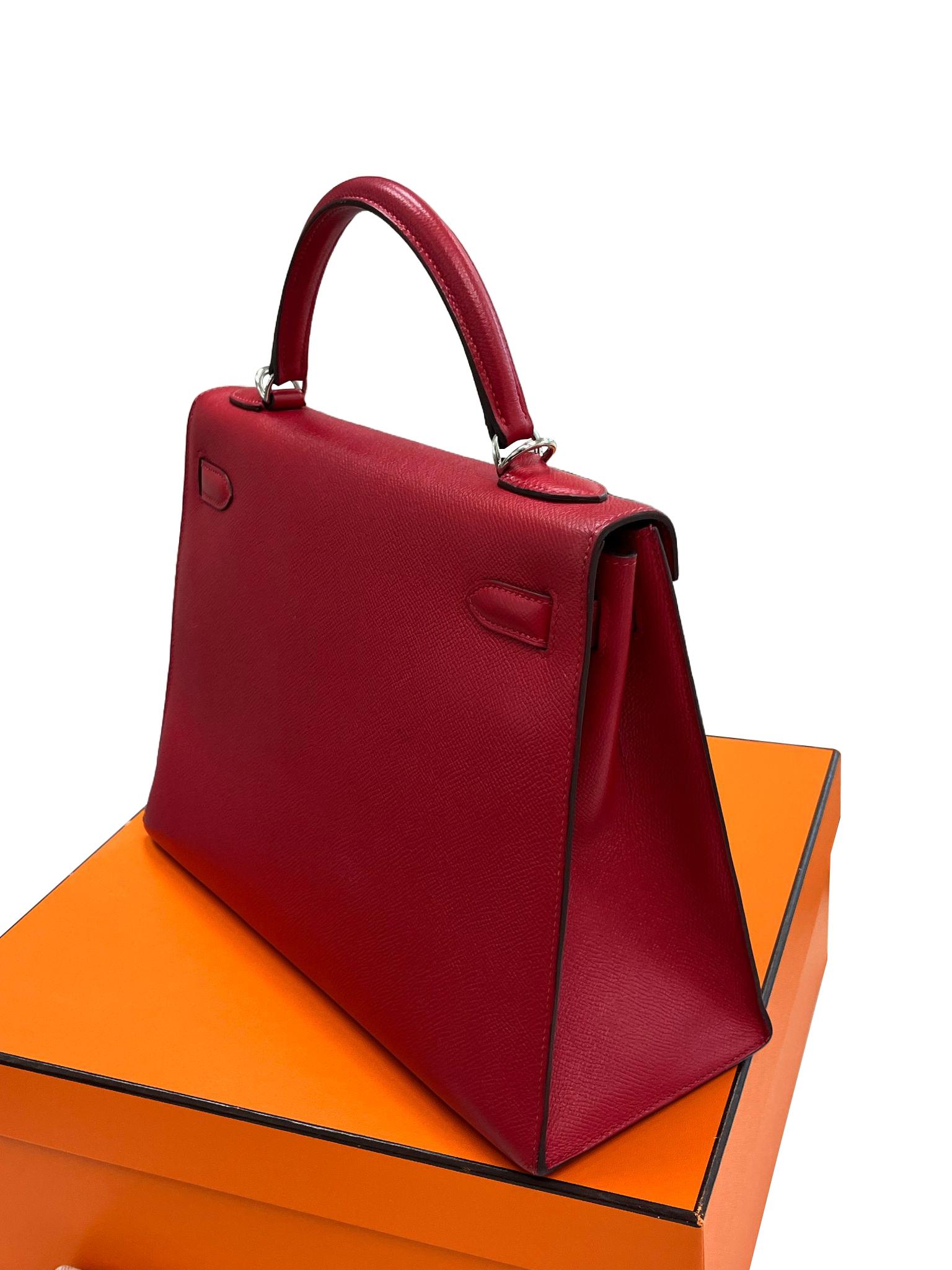 Bolso Hermes Kelly Sellier 32 Epsom Cuero Rubis Palladium Hardware en venta 9