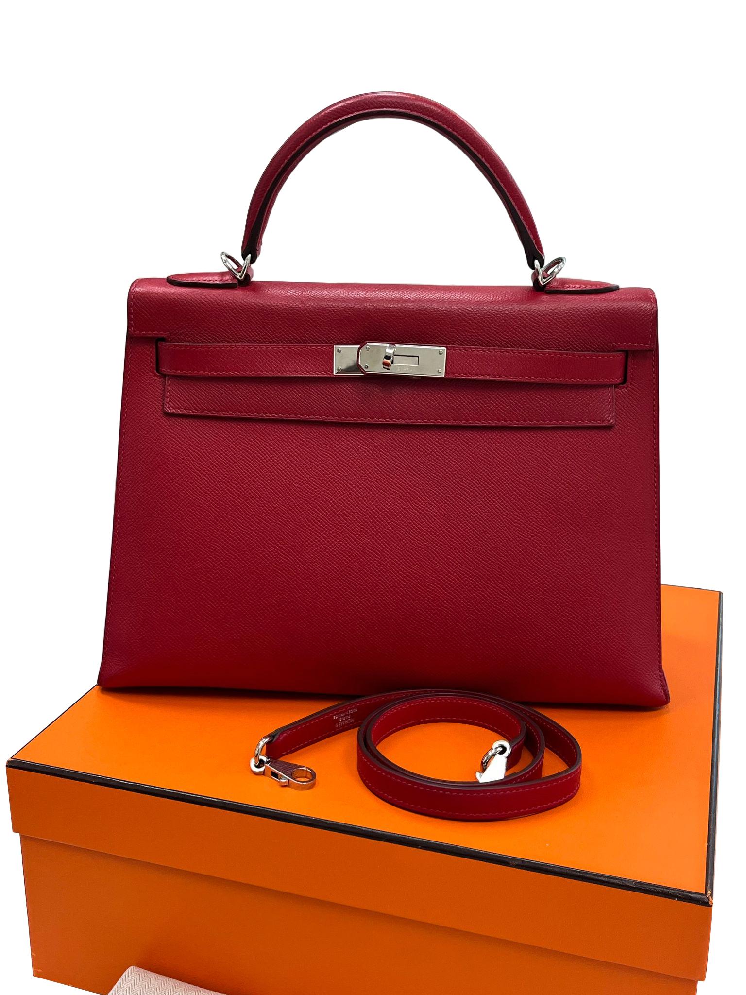 De las mujeres Bolso Hermes Kelly Sellier 32 Epsom Cuero Rubis Palladium Hardware en venta