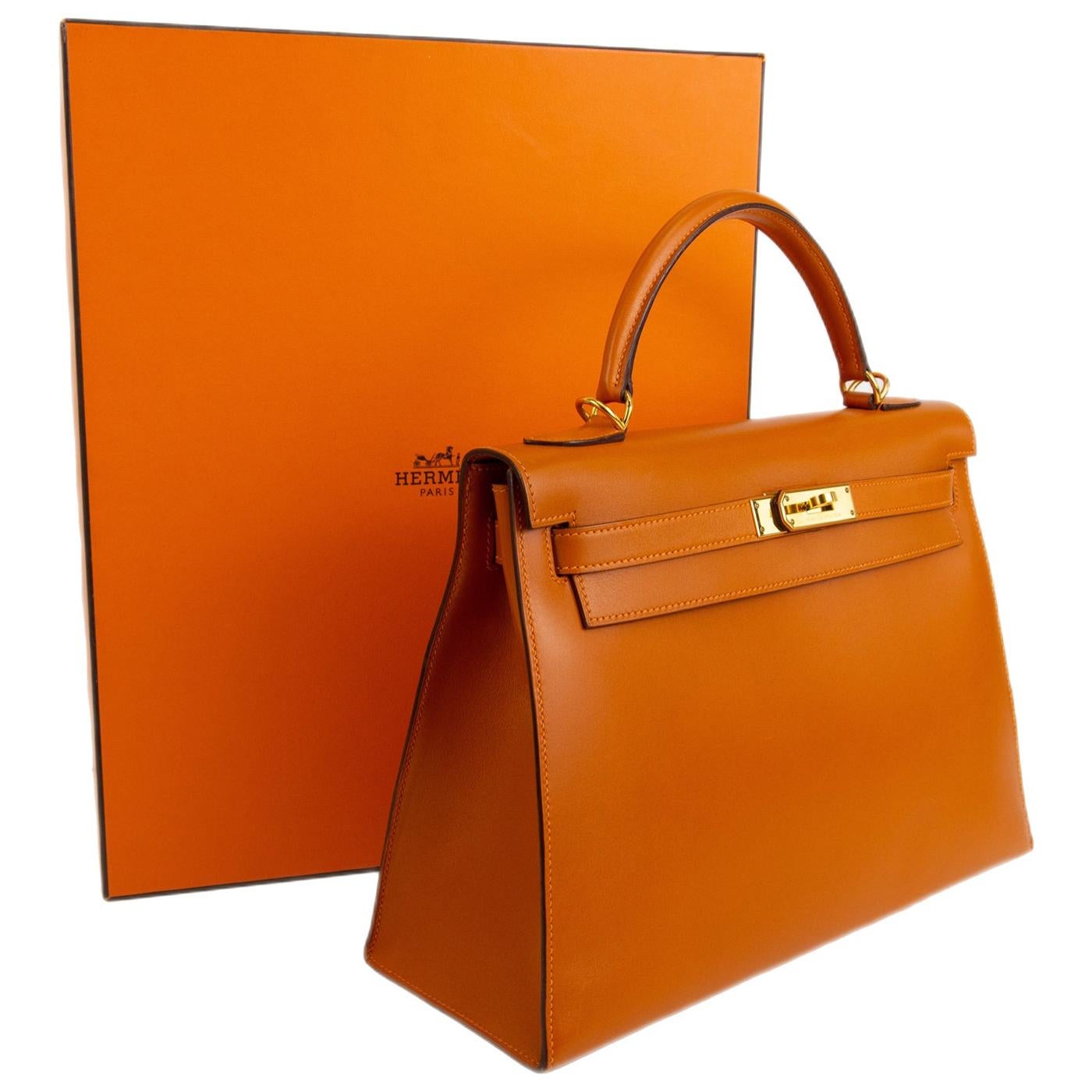 Hermes Kelly Sellier 32 Handbag Potiron with Gold Hardware For Sale 2