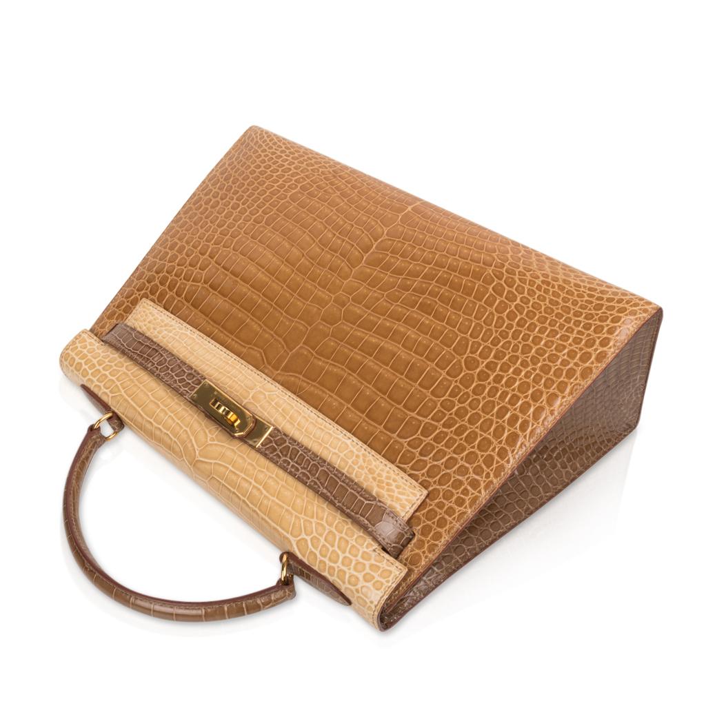 Brown Hermes Kelly Sellier 32 Tri-Colour Porosus Crocodile Poussiere Poudre Ficelle