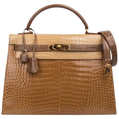 Hermes Kelly Sellier 32 Tri-Colour Porosus Crocodile Poussiere Poudre Ficelle