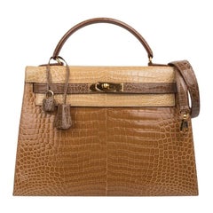 Hermes Kelly Sellier 32 Tri-Colour Poussiere Poudre Ficelle Crocodile