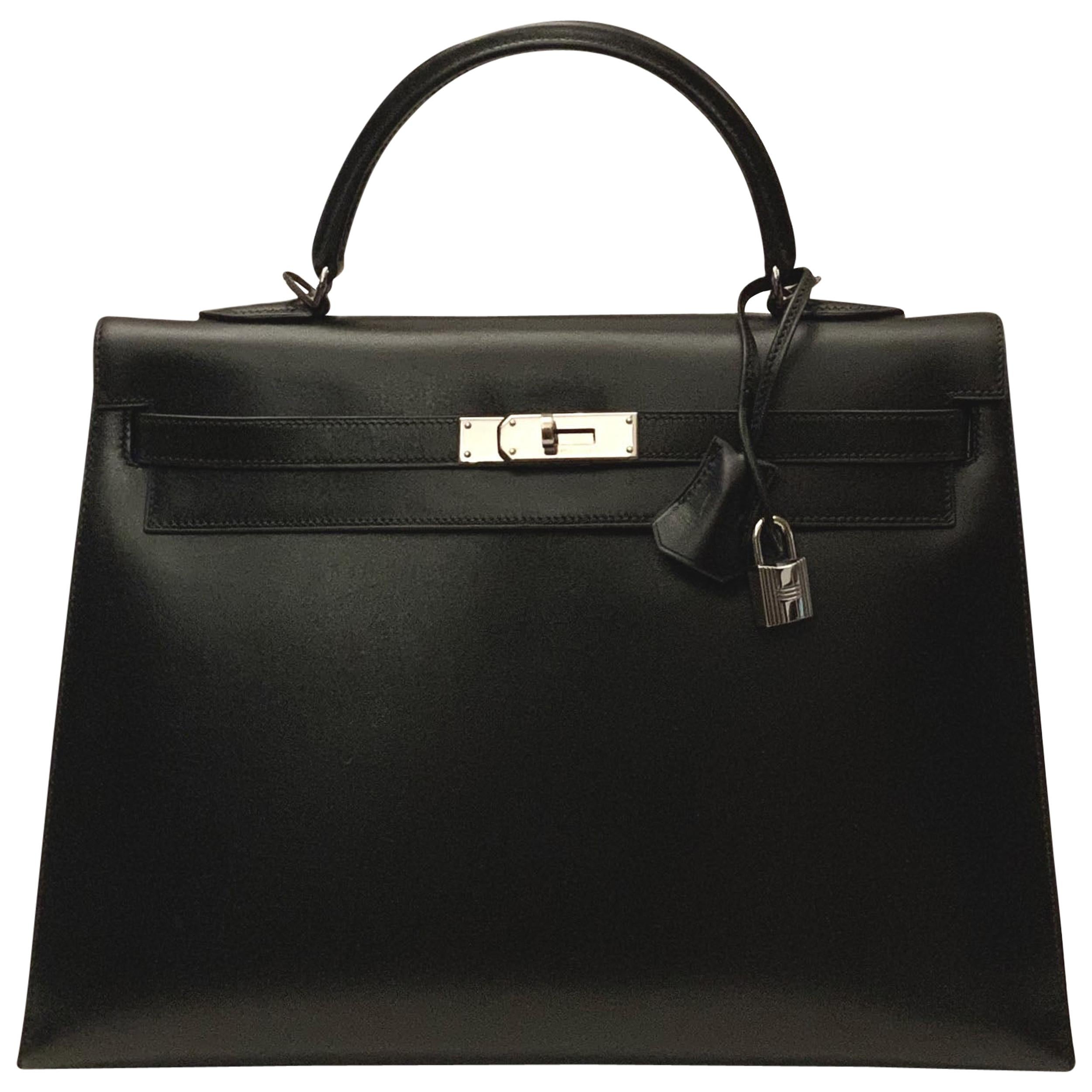 Hermès Kelly Sellier 35 Black Box Leather Bag