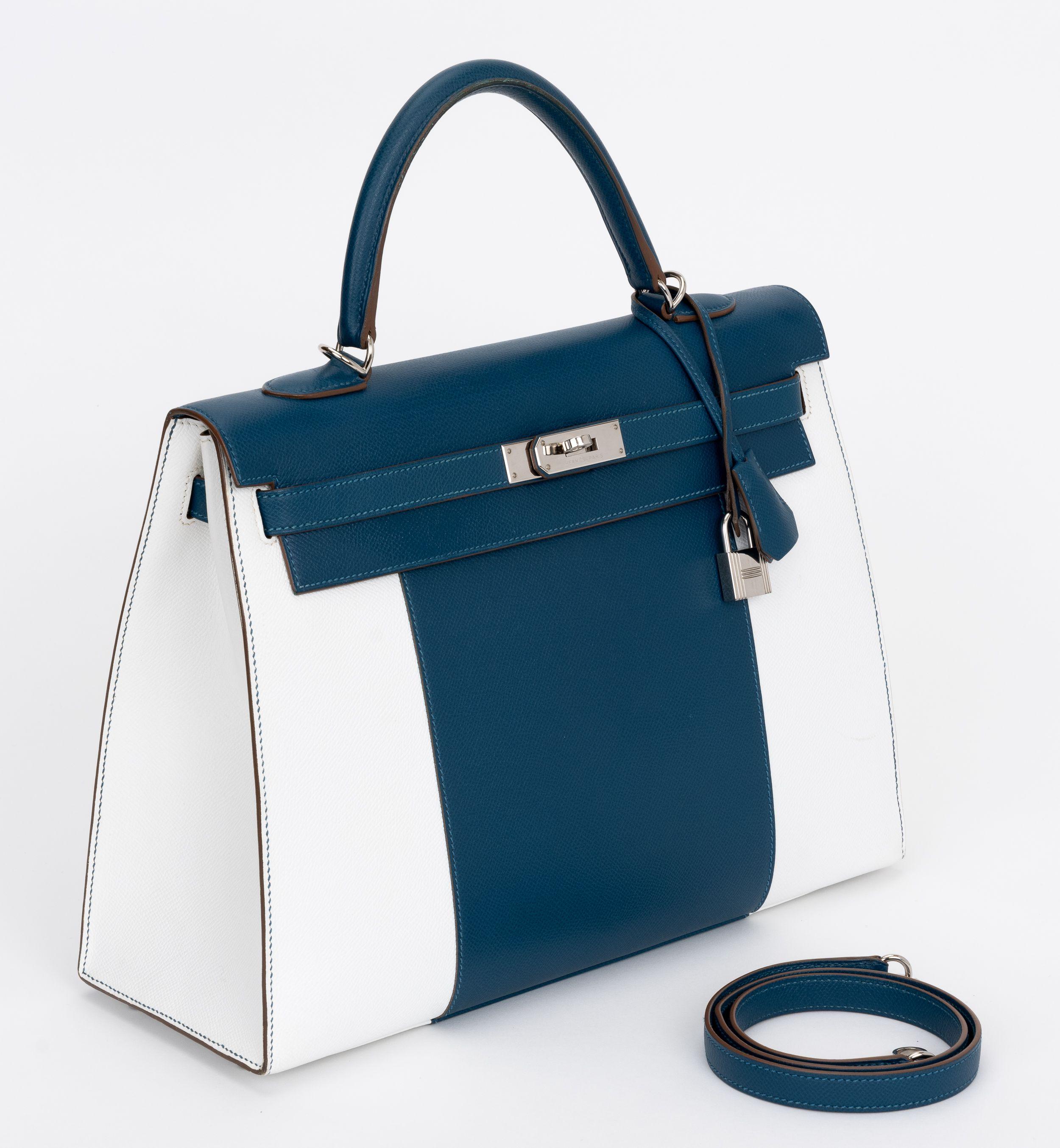 Hermès Kelly Sellier 35 Flag Bleu Blanc en vente 9
