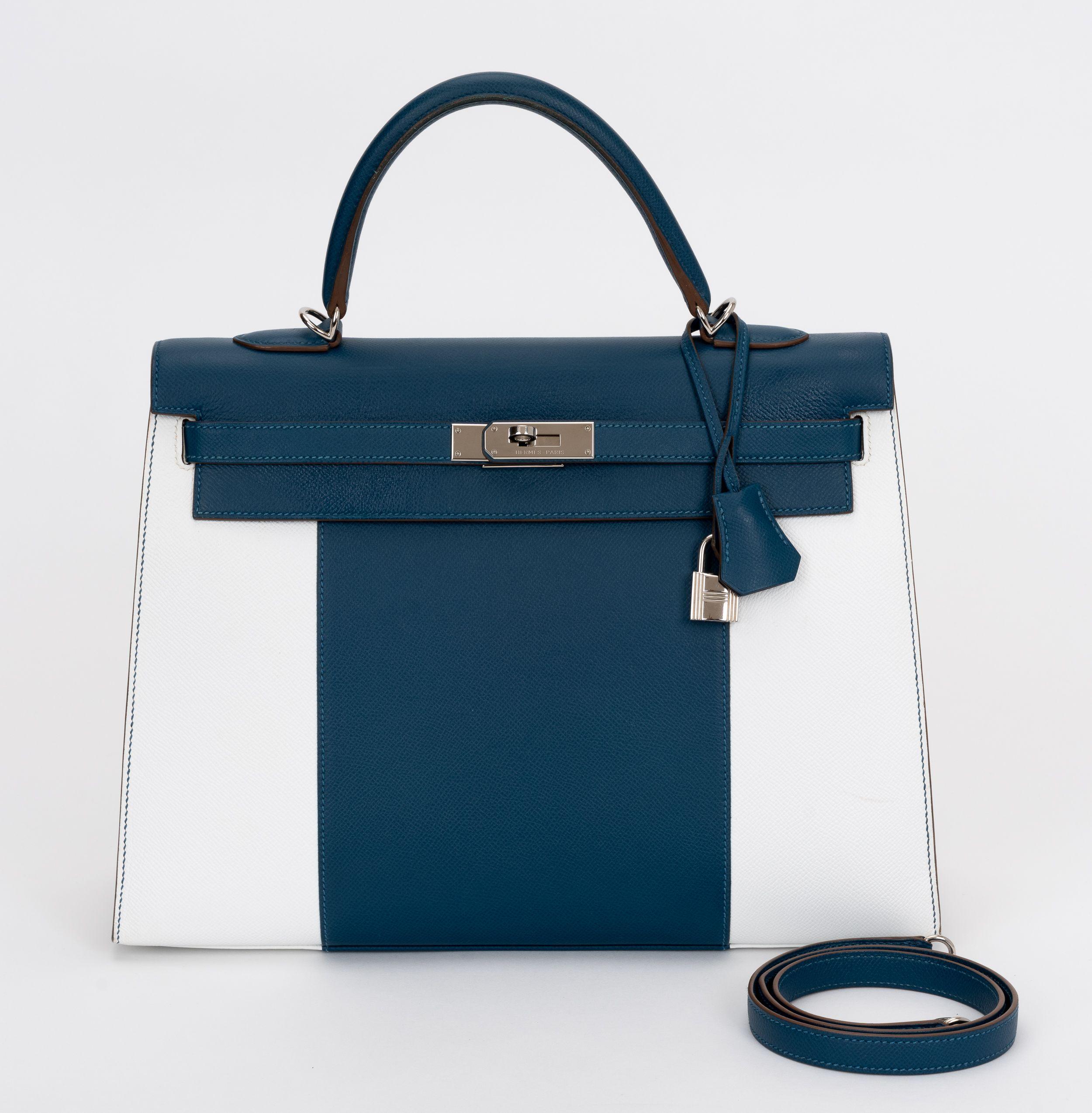 Hermès Kelly Sellier 35 Flag Bleu Blanc en vente 15