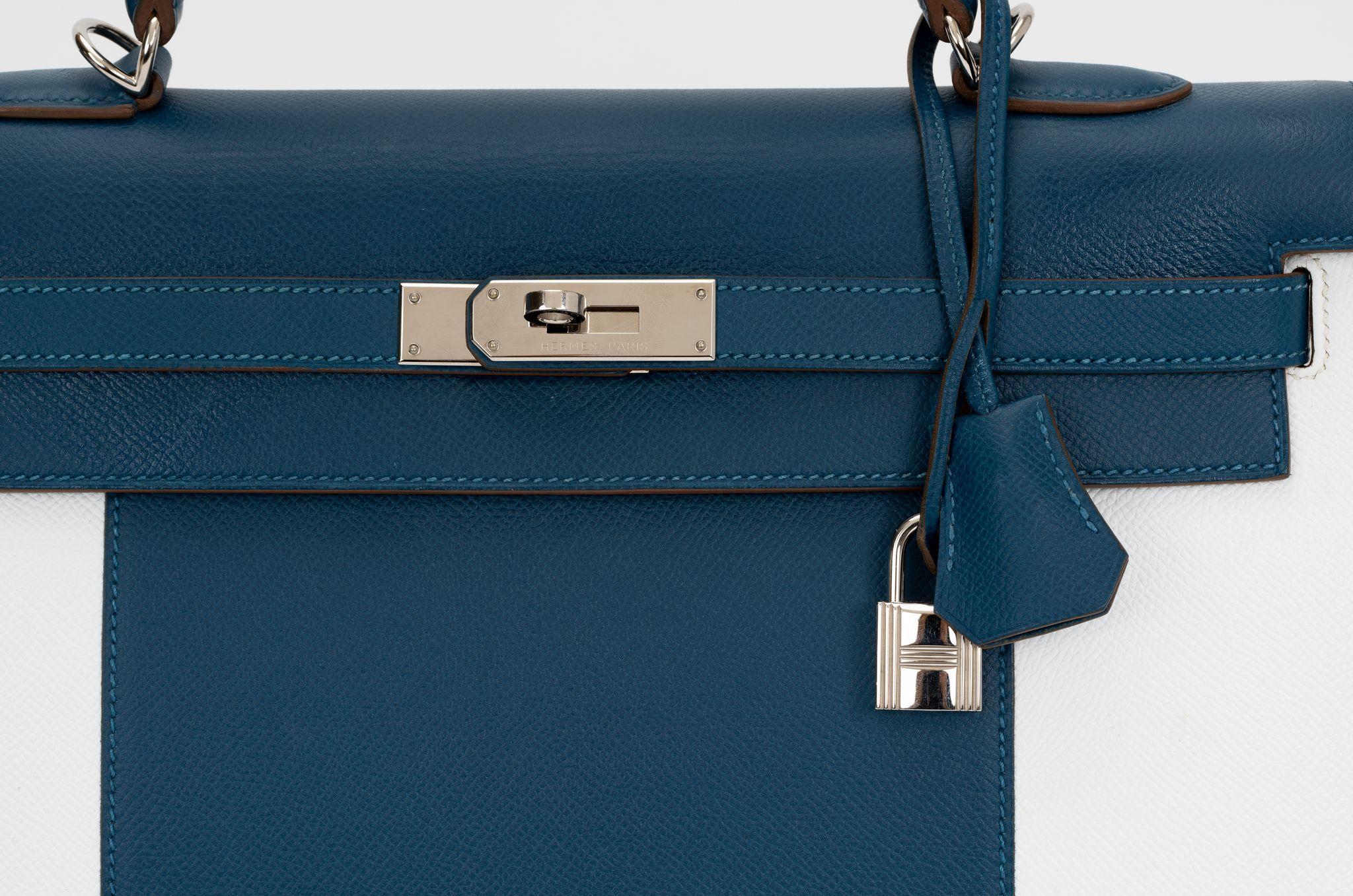 Hermès Kelly Sellier 35 Flag Bleu Blanc en vente 1