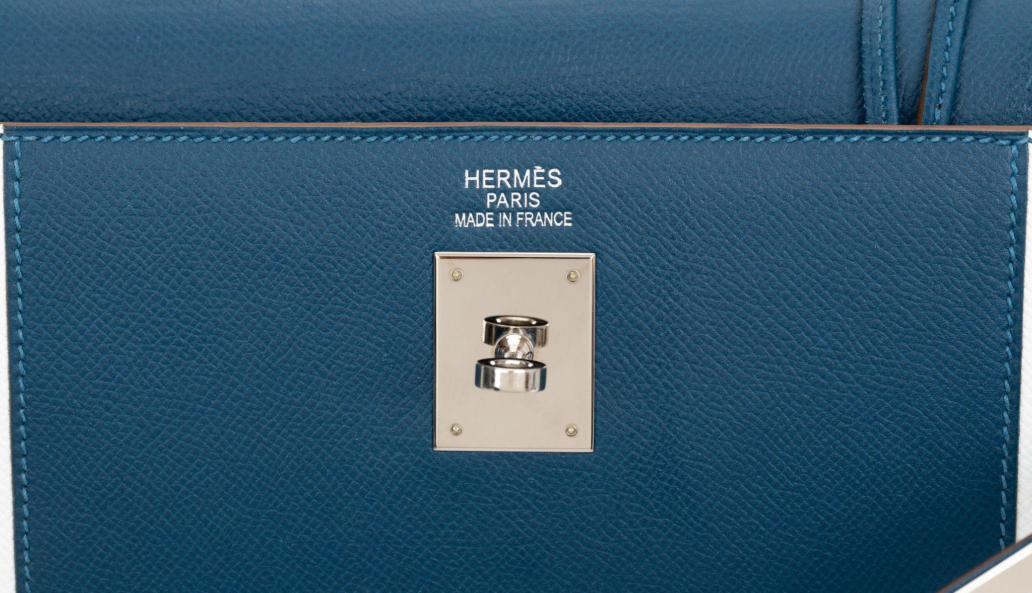 Hermès Kelly Sellier 35 Flag Bleu Blanc en vente 2