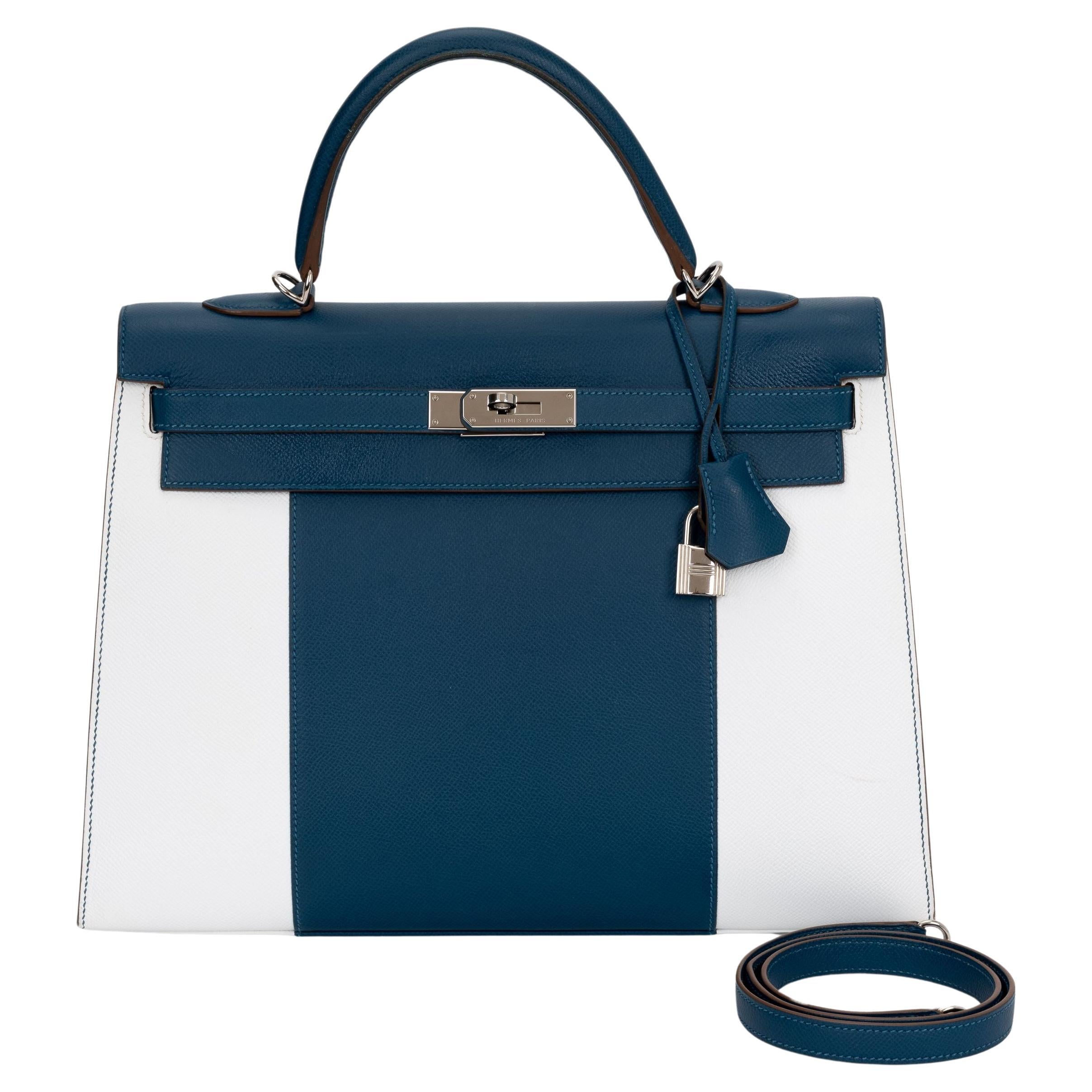 Hermès Kelly Sellier 35 Flag Bleu Blanc en vente