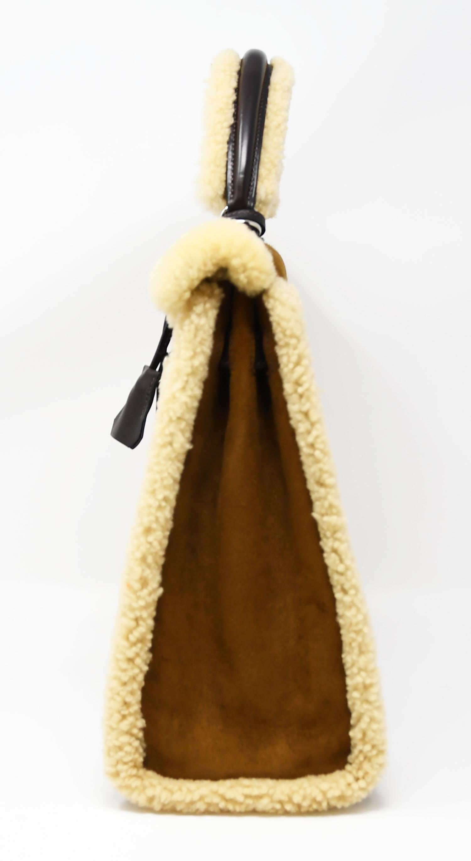 Brown Hermès Kelly Sellier 35cm Teddy Shearling Bag PHW (Pre Owned) For Sale