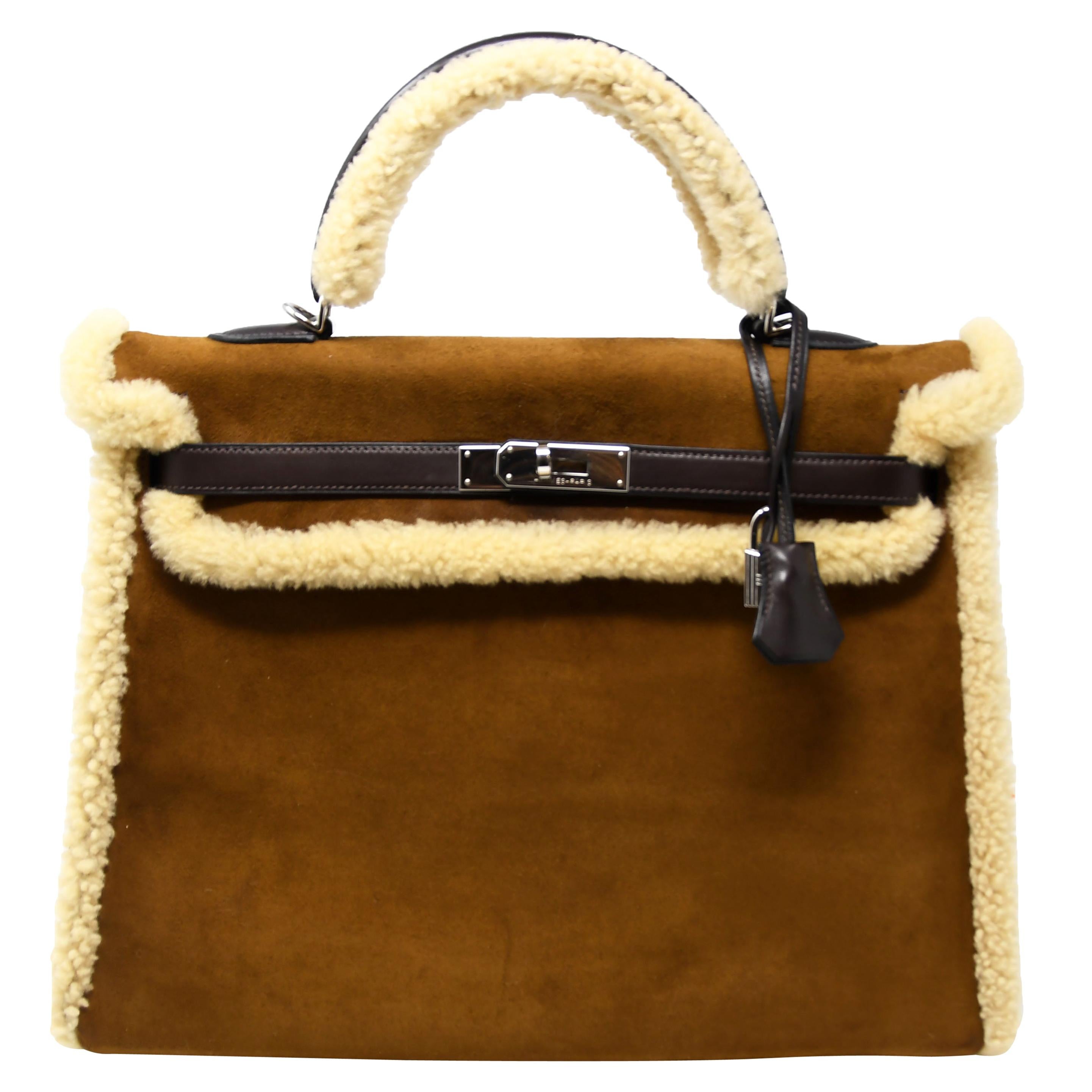 Hermès Kelly Sellier 35cm Teddy Shearling Bag PHW (Pre Owned) For Sale