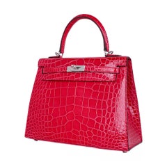 Hermes Kelly Sellier HSS 25 Rose Extreme / Trench Alligator Bag Palladium