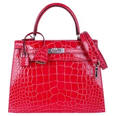 Hermes Kelly Sellier HSS 25 Rose Extreme / Trench Alligator Bag Palladium