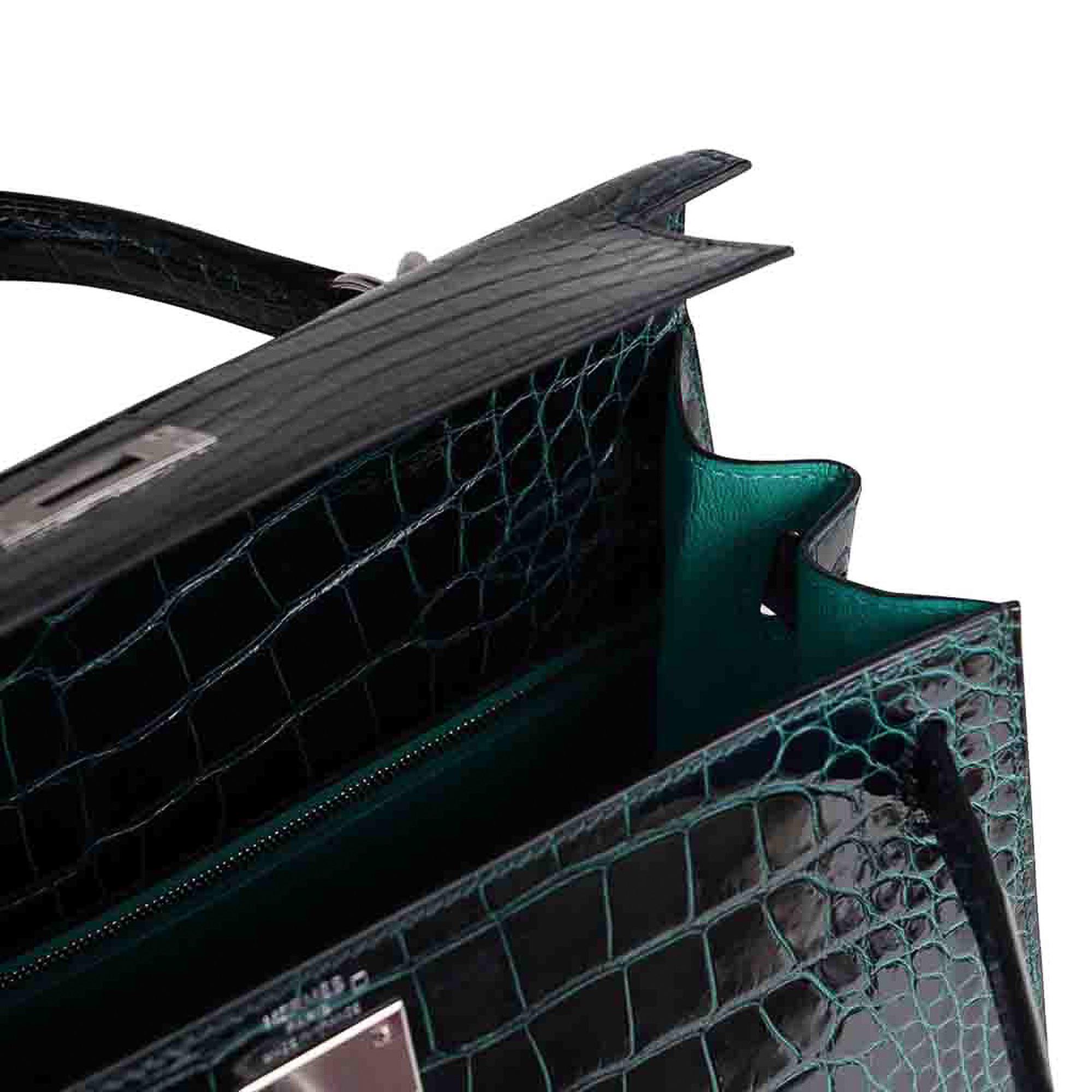 Black Hermes Kelly Sellier Verso 28 Vert Cypress / Vert Jade Bag Alligator Palladium 