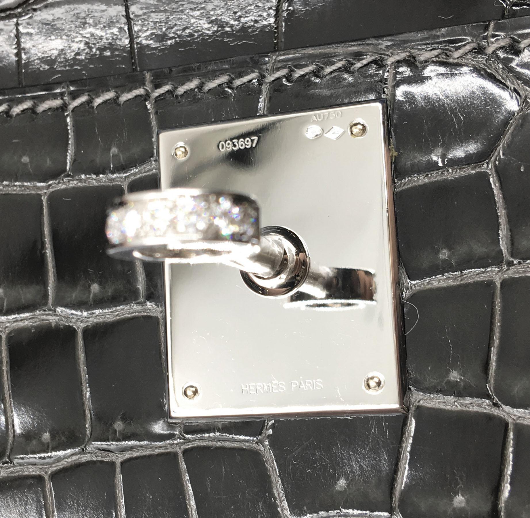Women's Hermès Kelly Shiny Porosus Crocodile with Diamonds Black Clutch For Sale