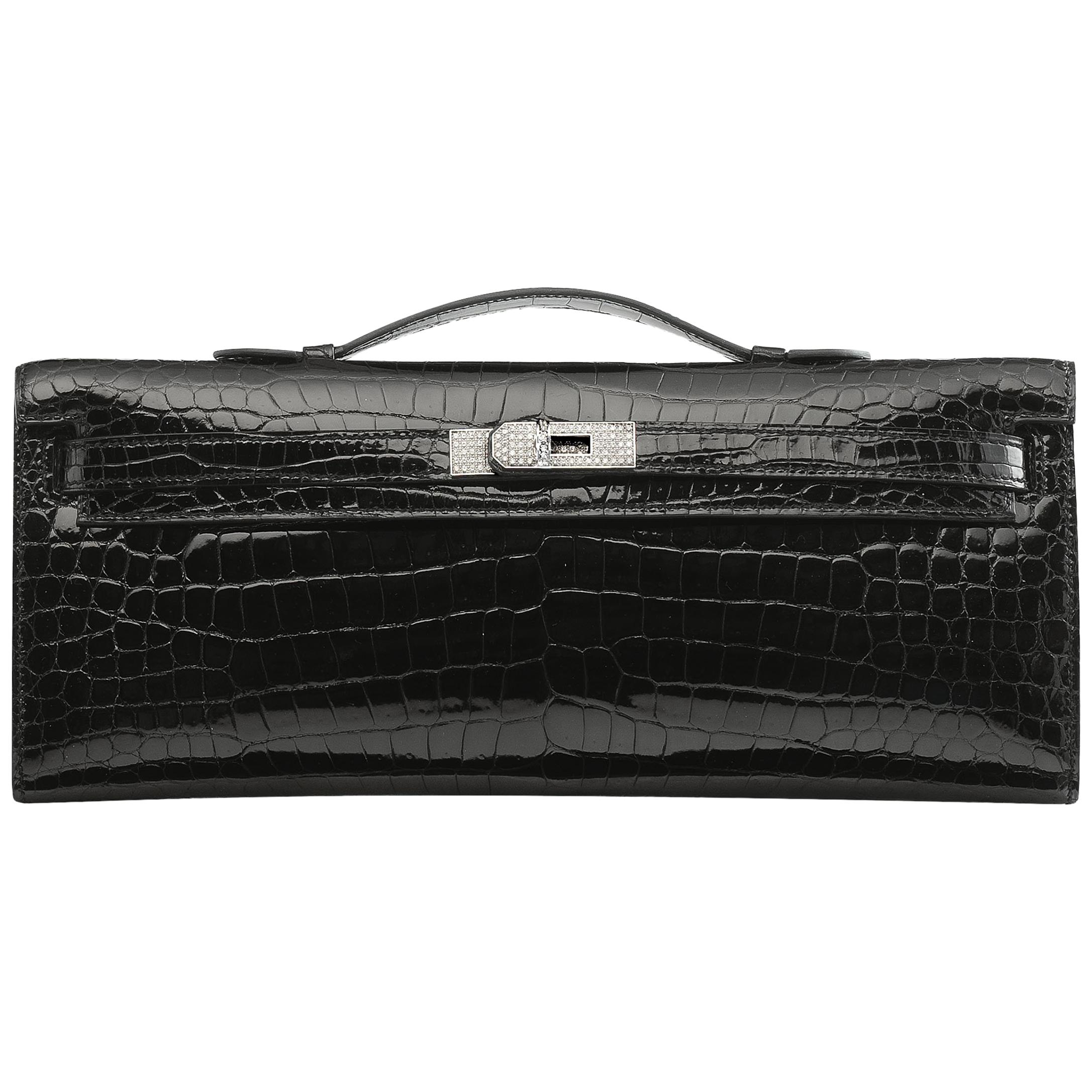 Hermès Kelly Shiny Porosus Crocodile with Diamonds Black Clutch For Sale