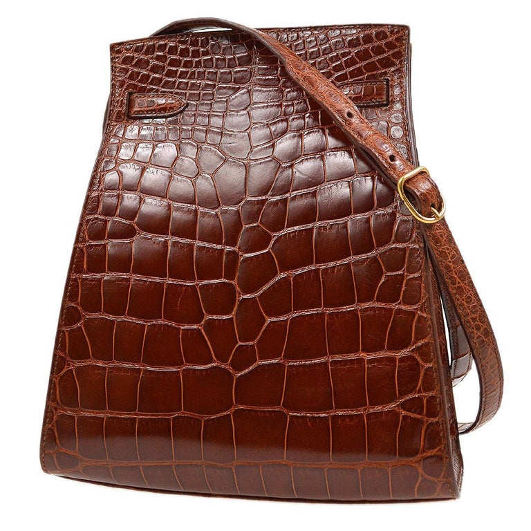 HERMES Kelly Sport PM Cognac Brown Alligator Exotic Gold Shoulder Backpack  Bag at 1stDibs