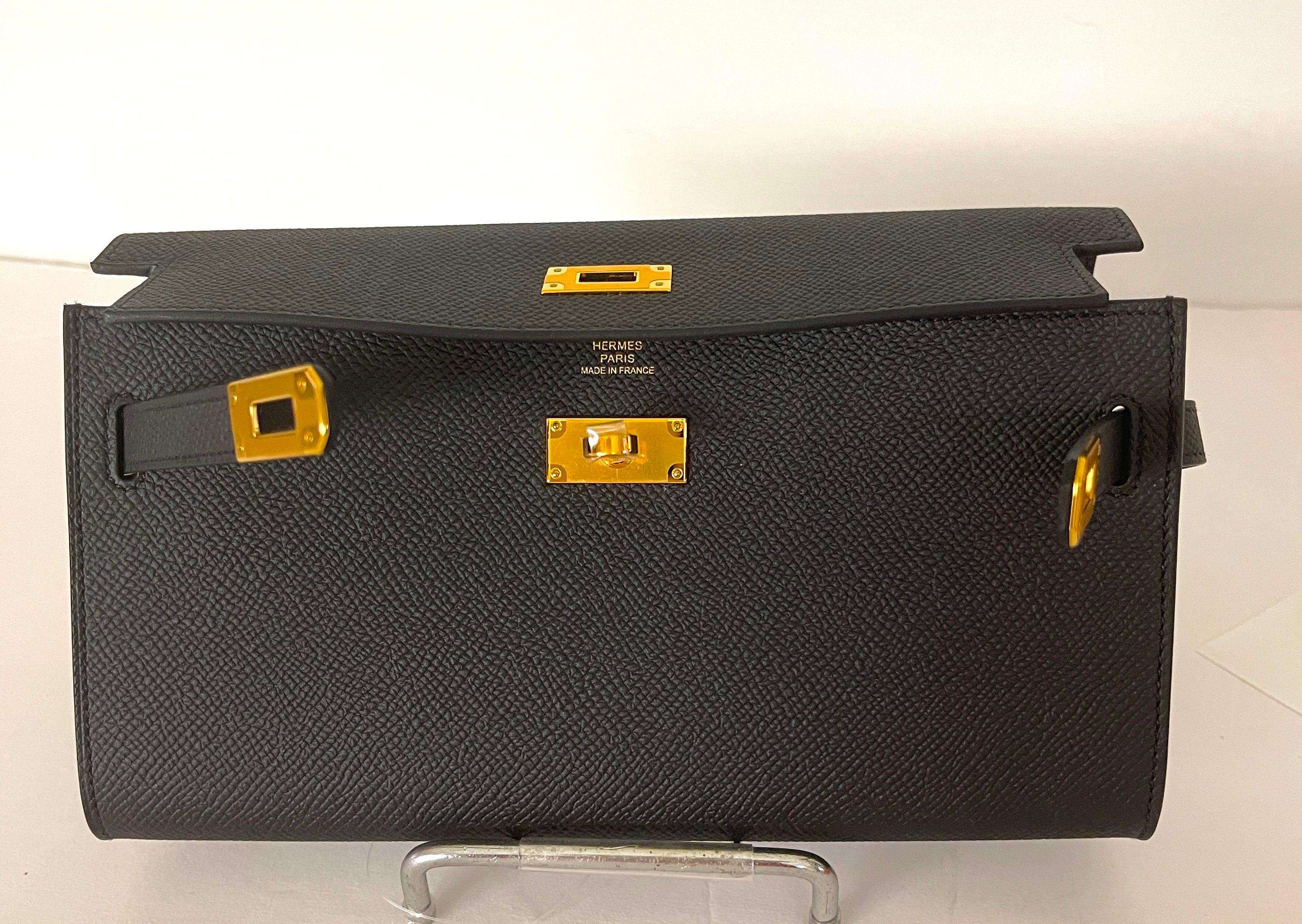 Women's or Men's Hermes Kelly To Go Bag Wallet Black Gold Hardware Epsom 
