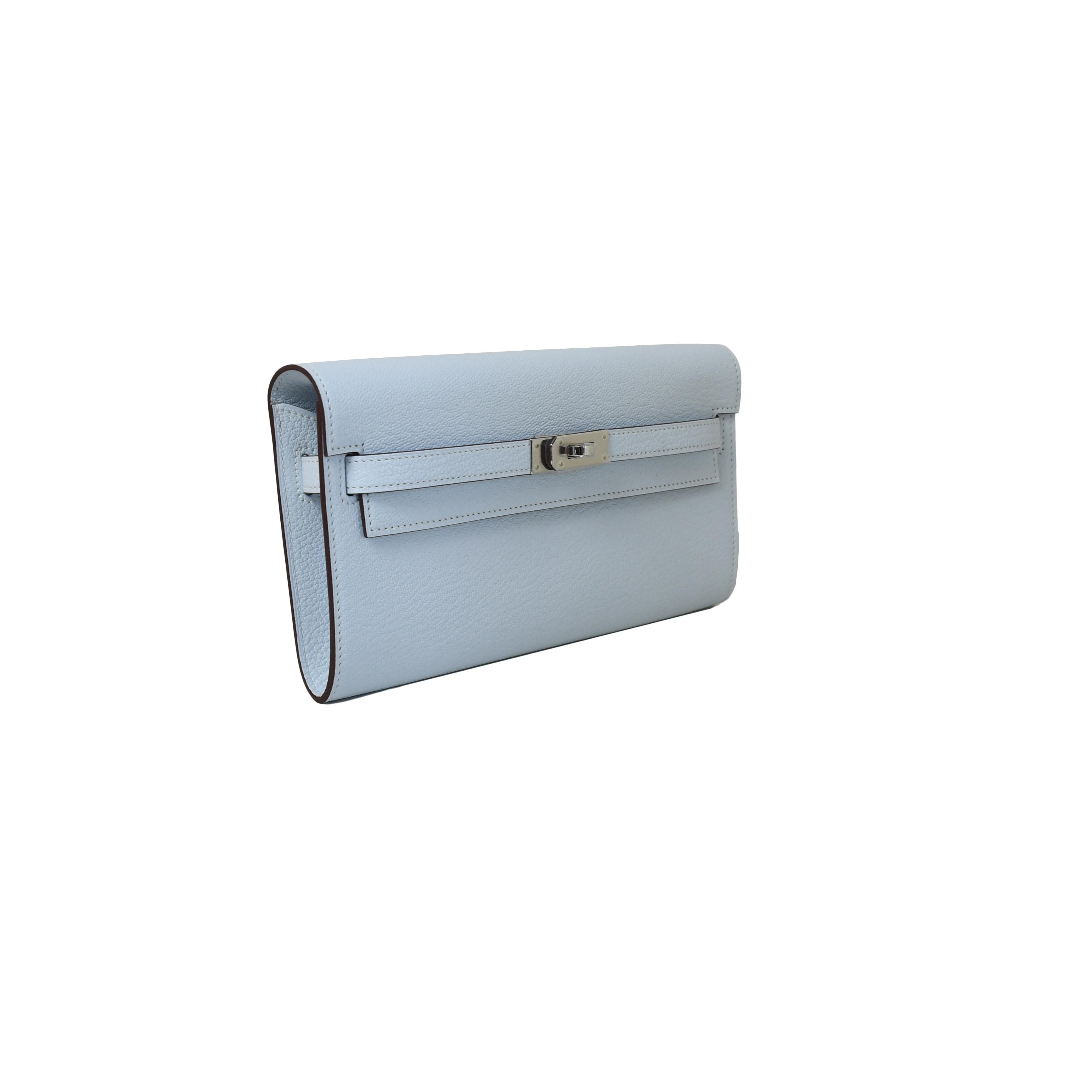 Hermes Kelly Pochette Bleu Brume Swift Palladium Hardware