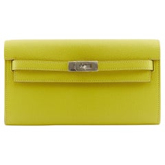 HERMÈS KELLY TO GO WALLET LIME Chevre Mysore Leather with Palladium Hardware