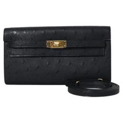 Hermes Kelly To-Go Wallet Ostrich Gold Hardware Black