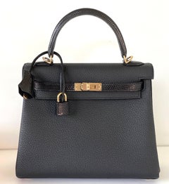 Hermes Kelly Touch 25 Schwarze Eidechse Togo Permabrass