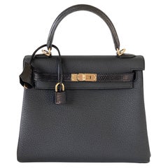 Hermes Kelly Touch 25 Black Lizard Togo Permabrass