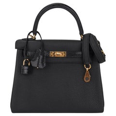 Hermes Kelly Touch 25 Retourne Bag Black Lizard Togo Leather Gold Hardware