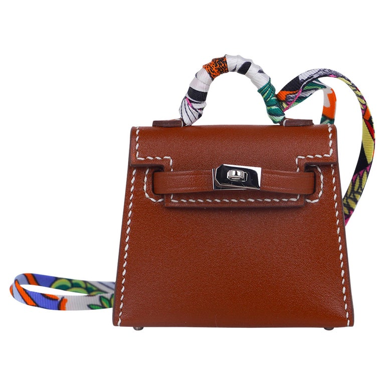 Hermes Kelly Twilly Bag Charm Fauve w/ Palladium Tadelakt Leather