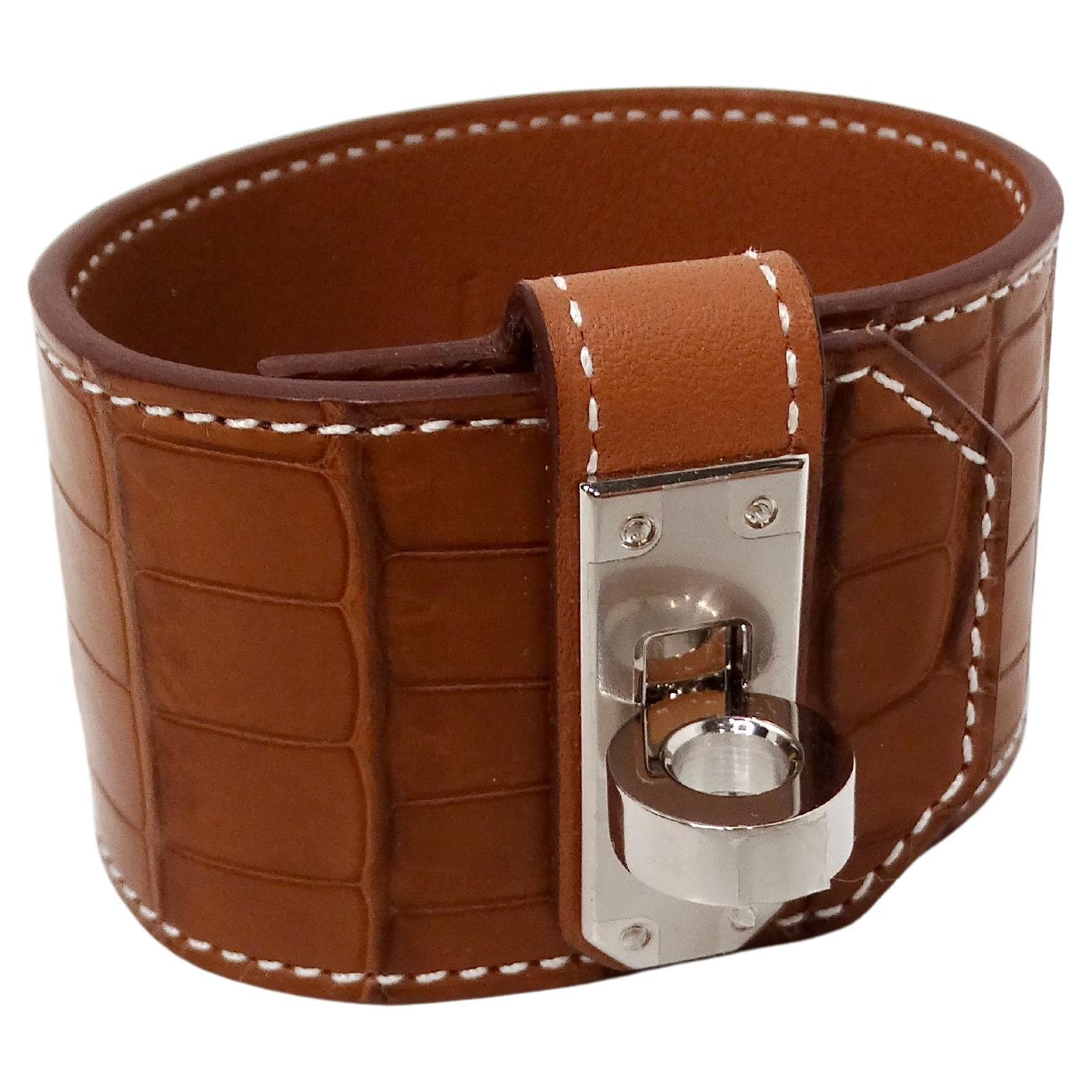 Hermes Kelly Twist Golden Brown & Palladium Plated Alligator Cuff Bracelet