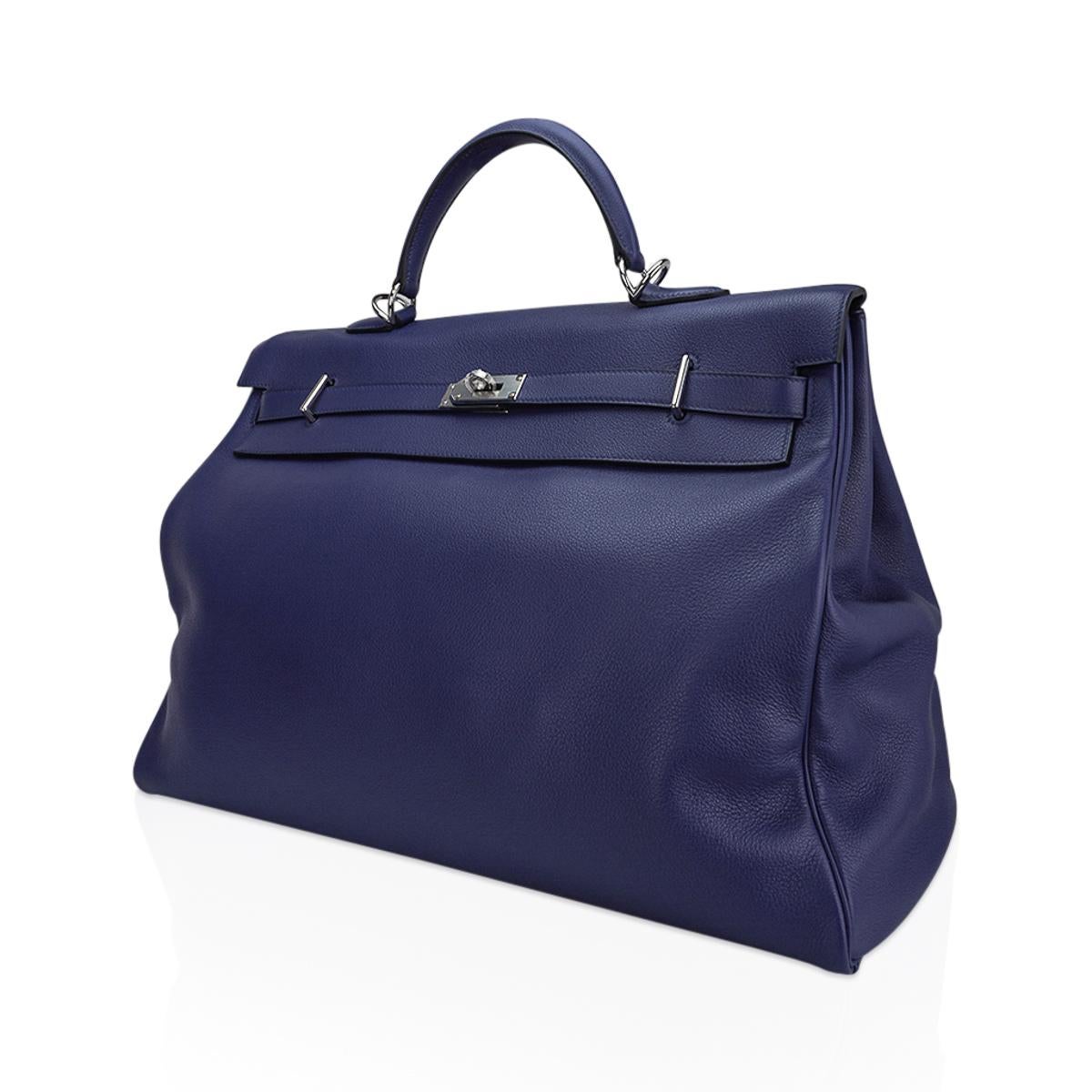 Hermes Kelly Voyage 50 Blue De Malte Bag Palladium Hardware Novillo Leather 5