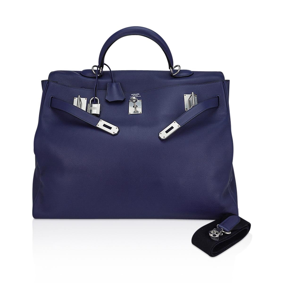 Hermes Kelly Voyage 50 Blue De Malte Bag Palladium Hardware Novillo Leather 3