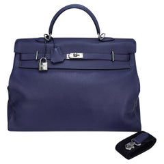 Hermes Kelly Voyage 50 Blue De Malte Bag Palladium Hardware Novillo Leather