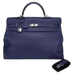Hermes Kelly Voyage 50 Blau De Malte Tasche Palladium Hardware Novillo Leder