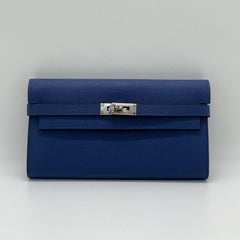Hermes Kelly Cartera Azul Epsom Palladium HW R Stamp Leather Clutch