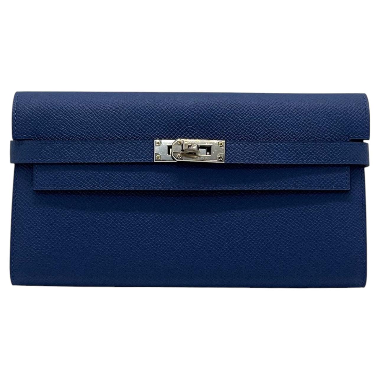 Hermes Kelly Wallet Blue Epsom Palladium HW R Stamp Leather Clutch