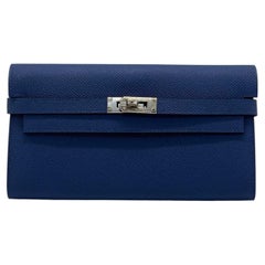 Hermes Kelly Cartera Azul Epsom Palladium HW R Stamp Leather Clutch