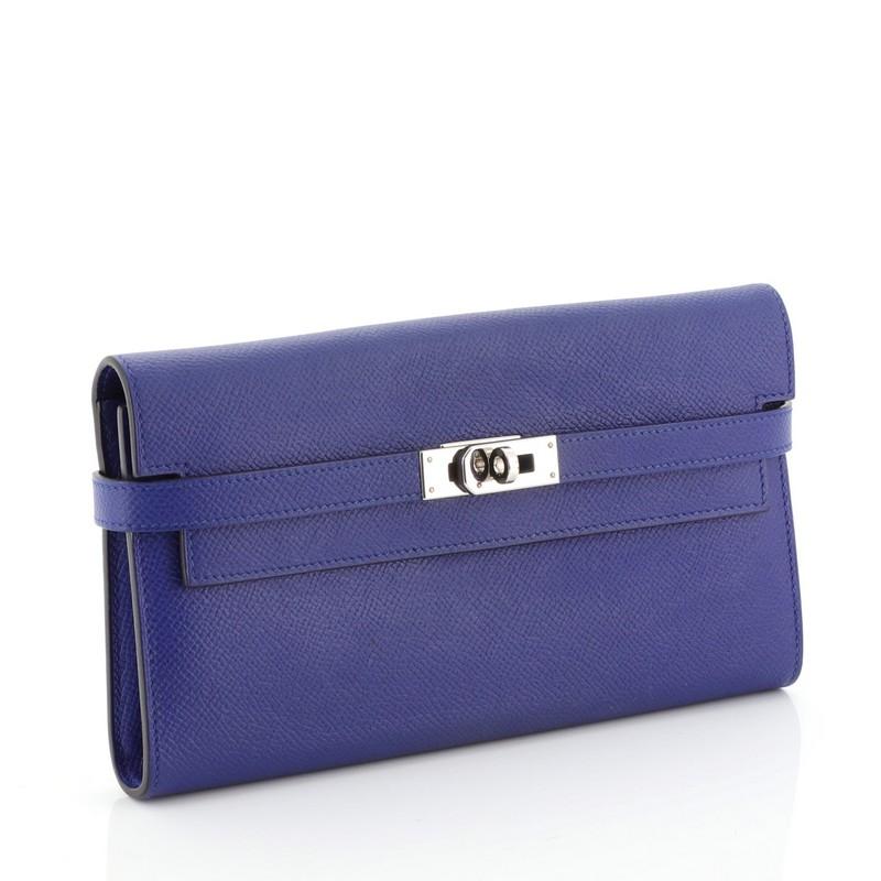 Purple Hermes Kelly Wallet Epsom Long, crafted in Bleu Electrique