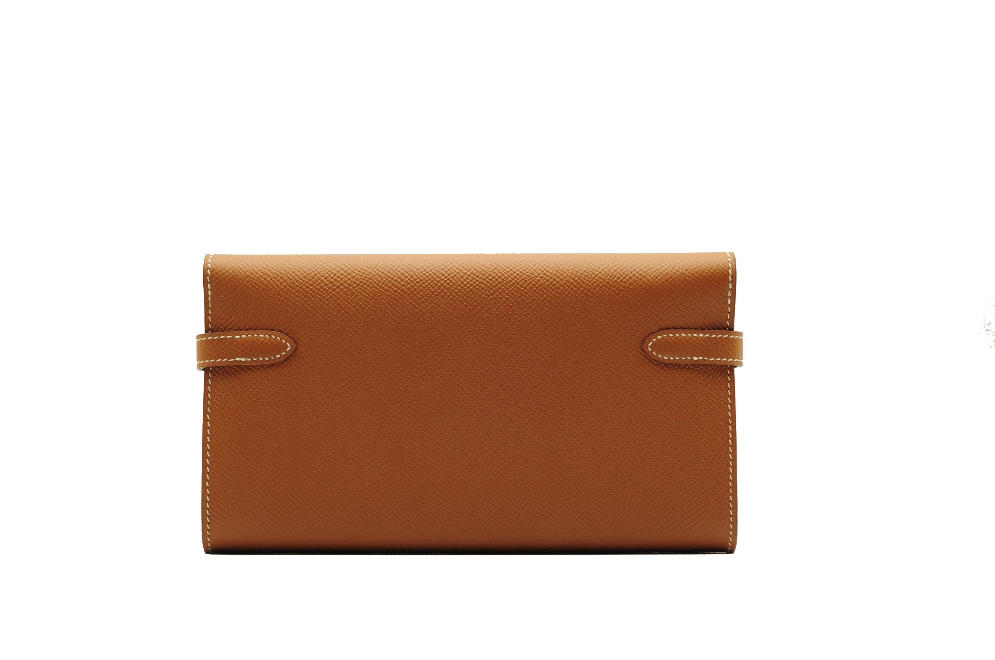 Brand: Hermès 
Style: Kelly Wallet
Size: Long
Color: Gold
Leather: Epsom
Hardware: Palladium 
Stamp: 2018 C

Condition: Pristine, never carried: The item has never been carried and is in pristine condition complete with all accessories.

Accompanied