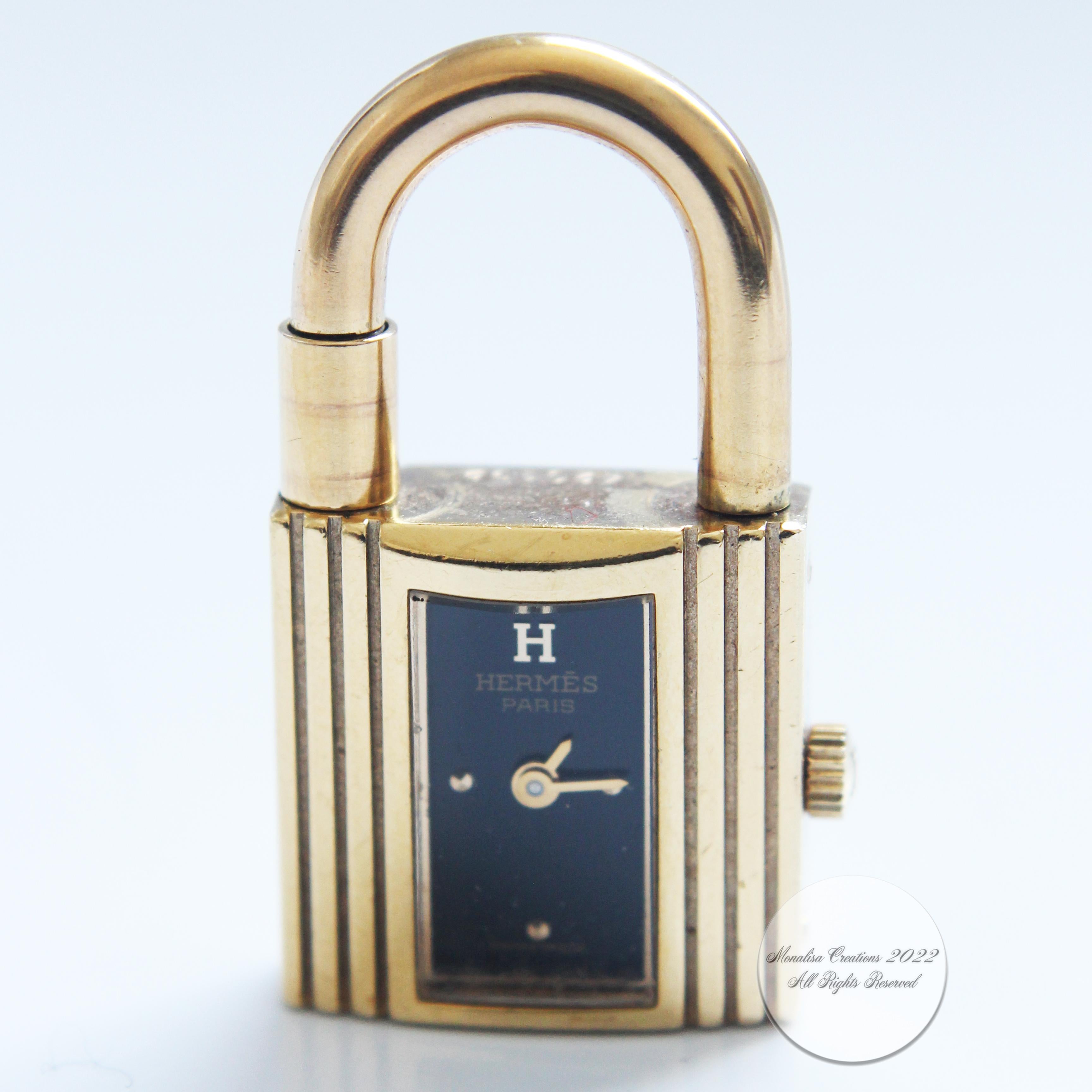 Hermes Kelly Watch Gold Cadena Lock Black Chèvre Mysore Leather Strap 1990s For Sale 2