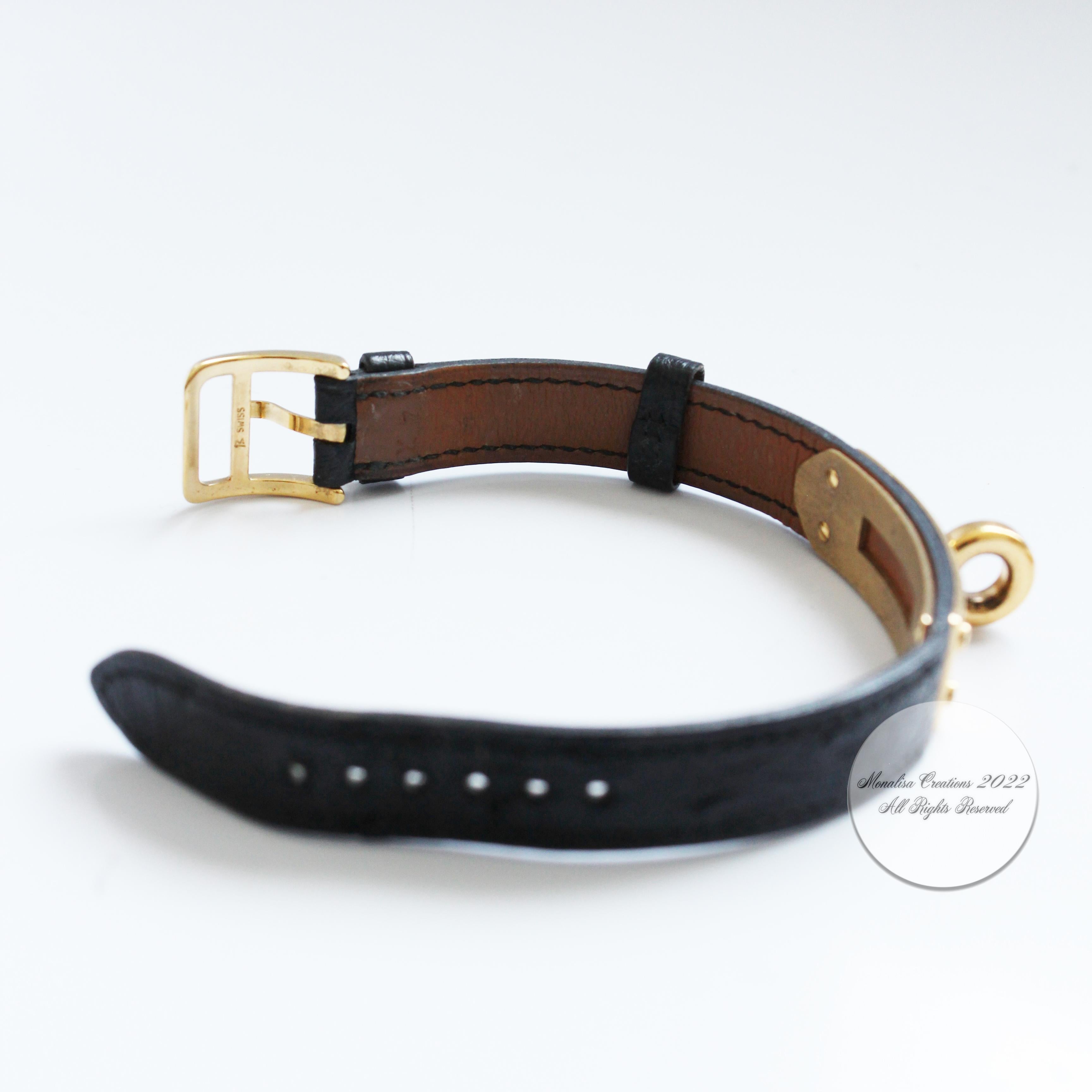 Contemporary Hermes Kelly Watch Gold Cadena Lock Black Chèvre Mysore Leather Strap 1990s For Sale