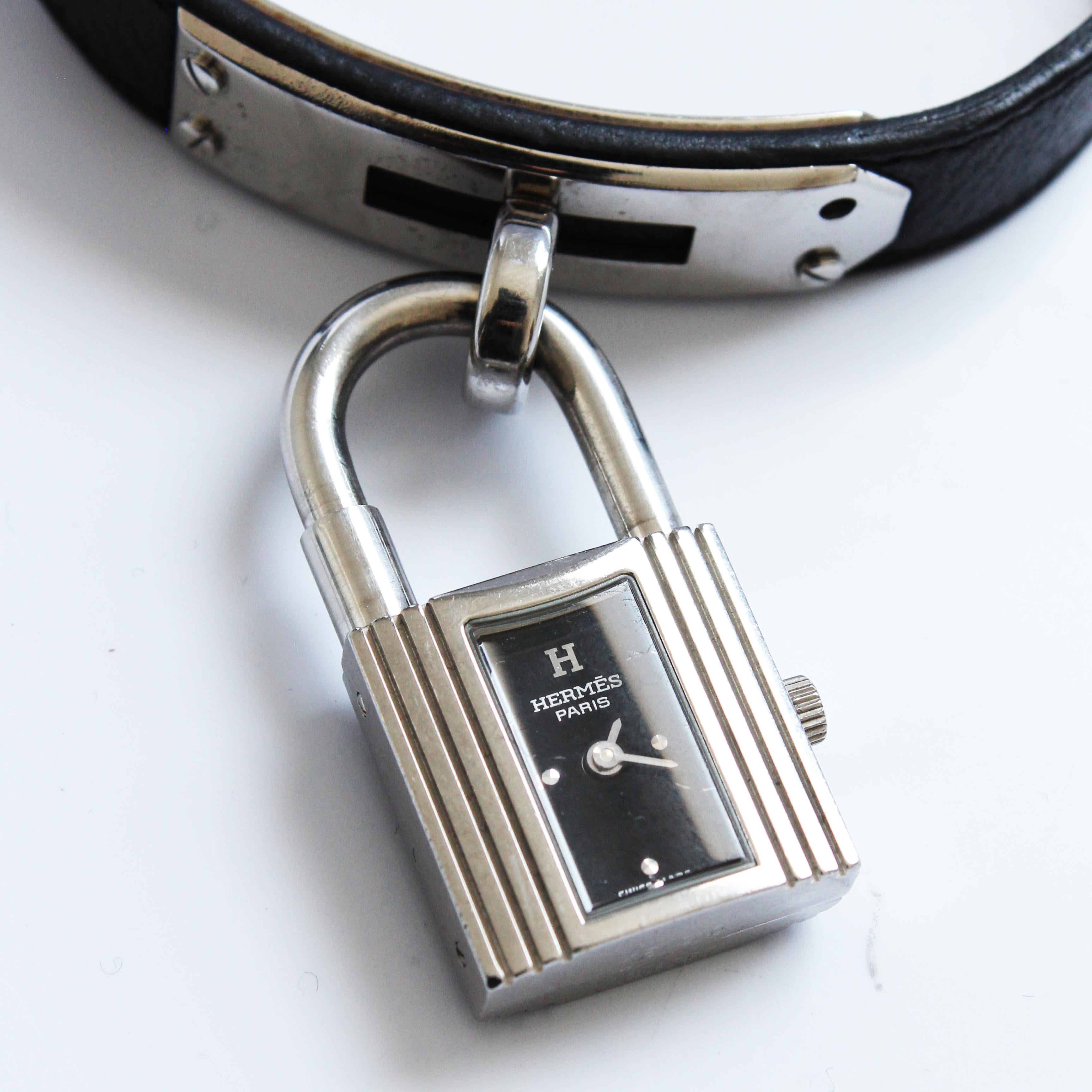 Hermes Kelly Watch Silver Cadena Lock Black Epsom Leather Strap 2004  In Good Condition For Sale In Port Saint Lucie, FL