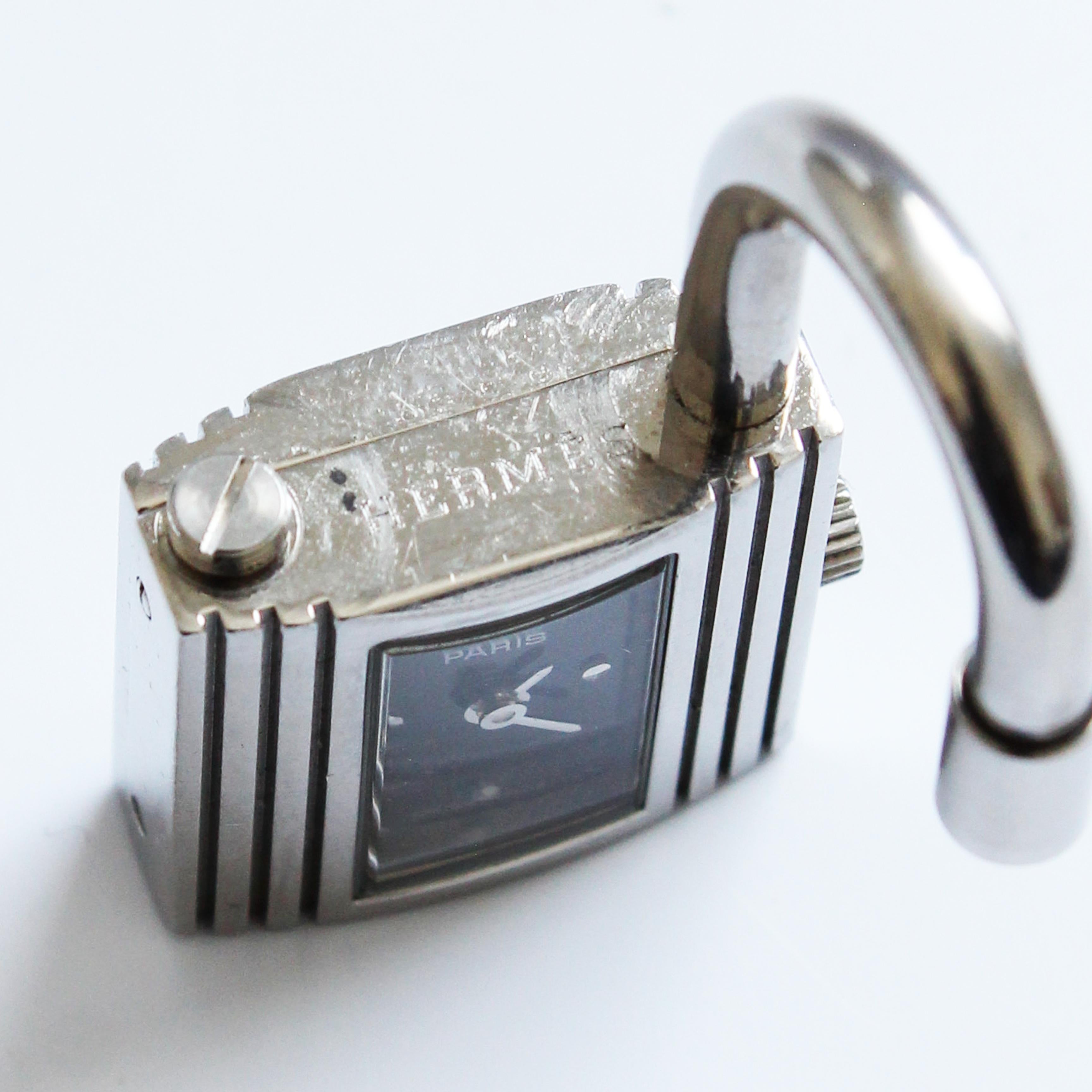 Hermes Kelly Watch Silver Cadena Lock Black Epsom Leather Strap 2004  For Sale 5