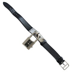Hermes Kelly Watch Silver Cadena Lock Black Epsom Leather Strap 2004