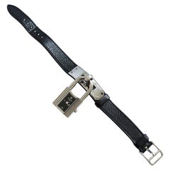 Used Hermes Kelly Watch Silver Cadena Lock Black Epsom Leather Strap 2004 